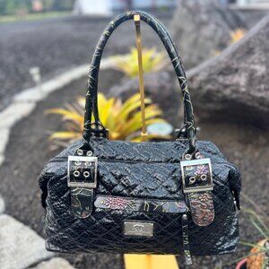Sharif 1827 Black Embossed Floral Leather Satchel Bag